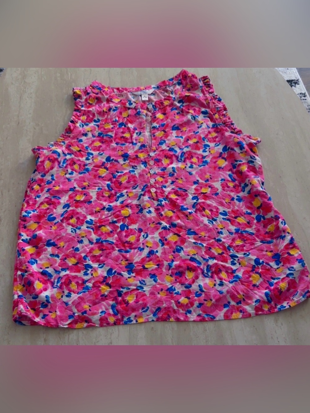 Time and Tru Pink Floral Sleeveless Henley Tank